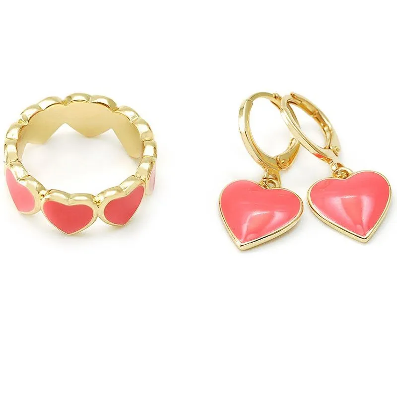 Комплект бижута сърце с коралов емайл